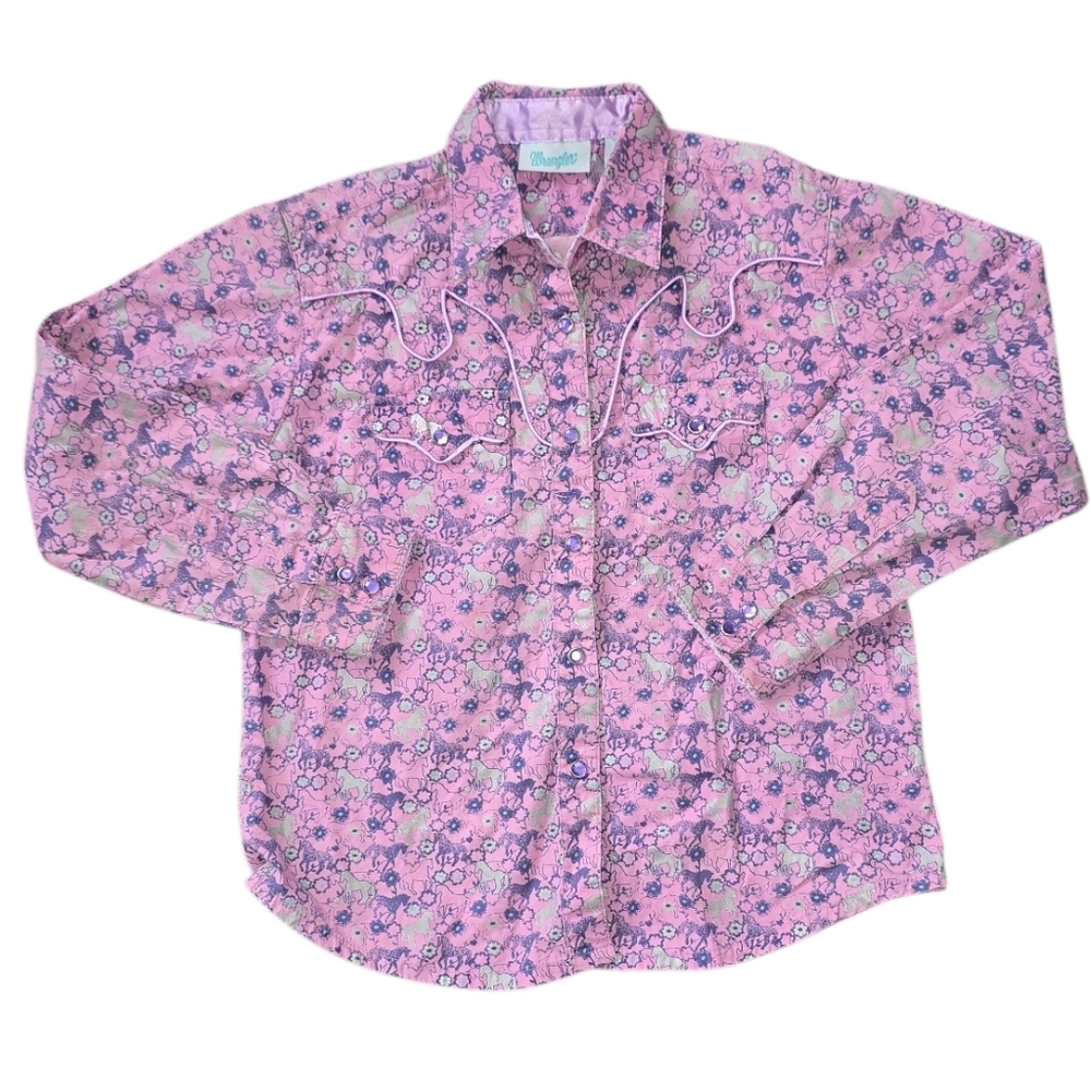 Wrangler Pink Floral Western Snap Button-Down Kids Shirt Size L 10